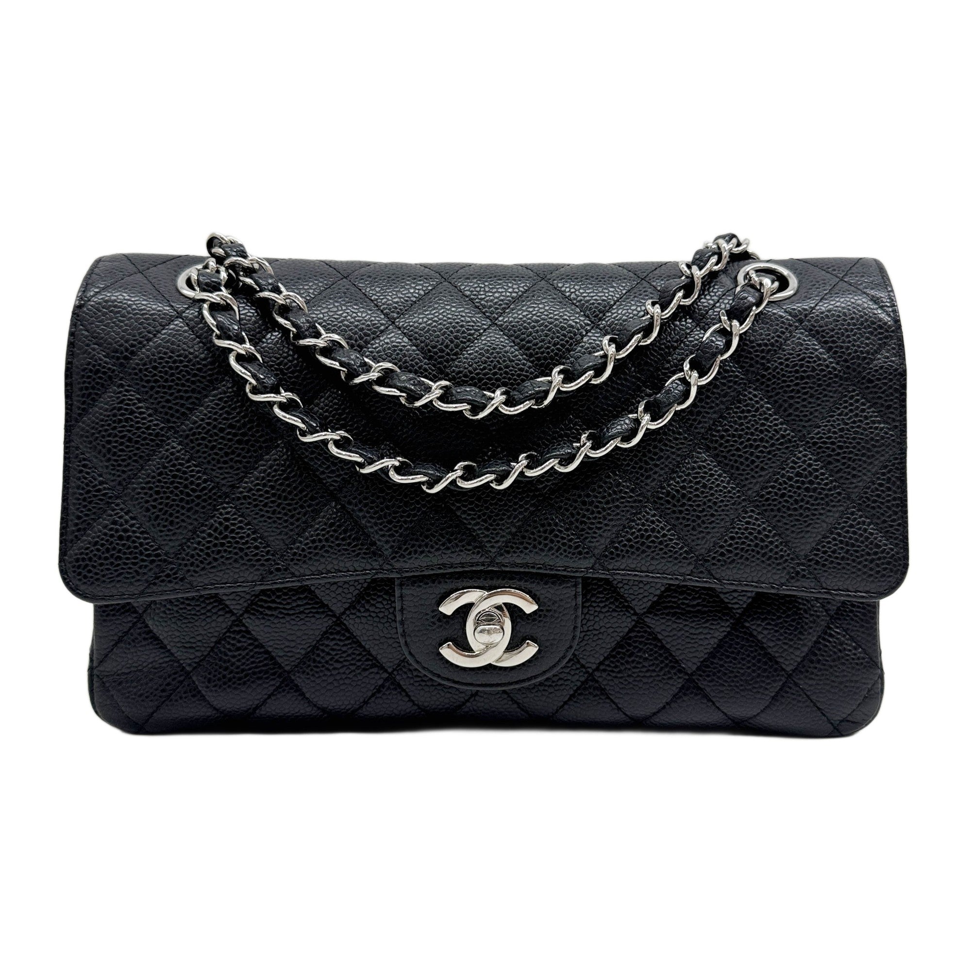 Medium Classic Double Flap 2009-2010 Silver Hardware Matelasse Black Caviar Leather Shoulder Bag