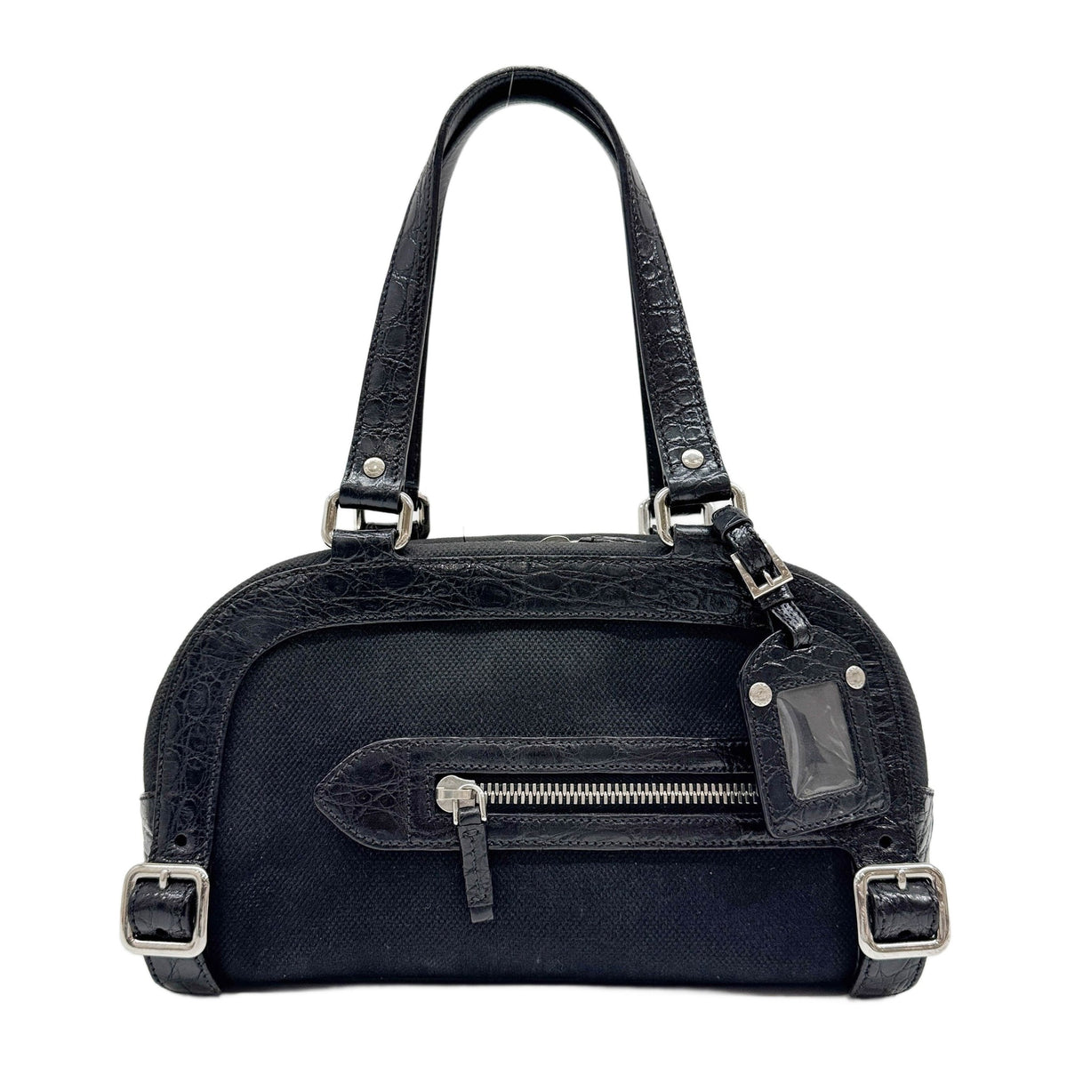Black Leather Trim Black Canvas Hand Bag