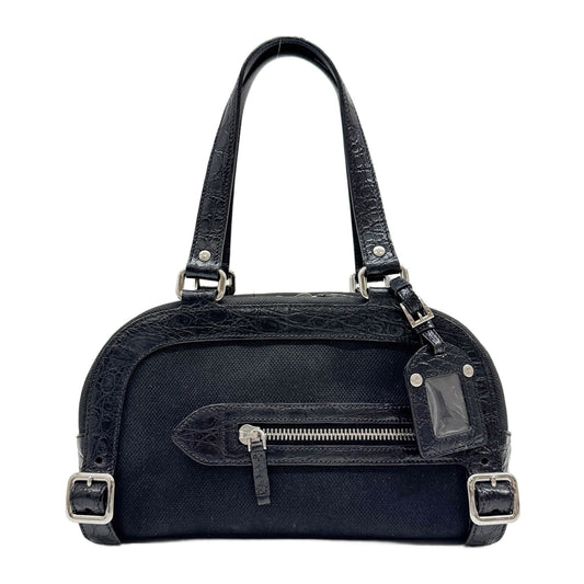 Black Leather Trim Black Canvas Hand Bag