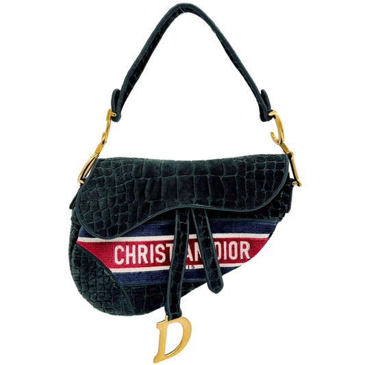 Saddle Green Embossed Crocodile Print Velvet Shoulder Bag
