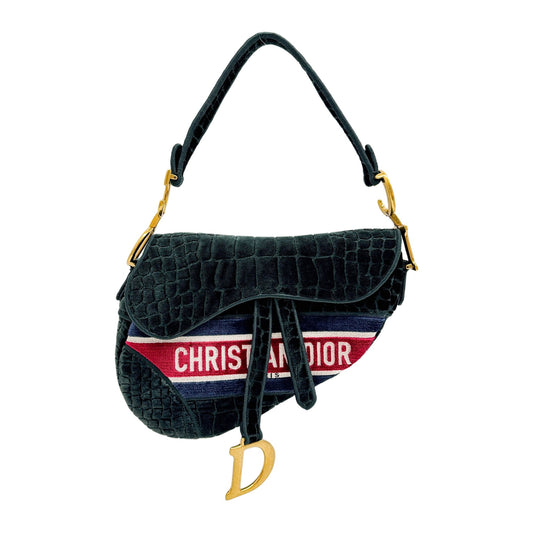 Saddle Green Embossed Crocodile Print Velvet Shoulder Bag