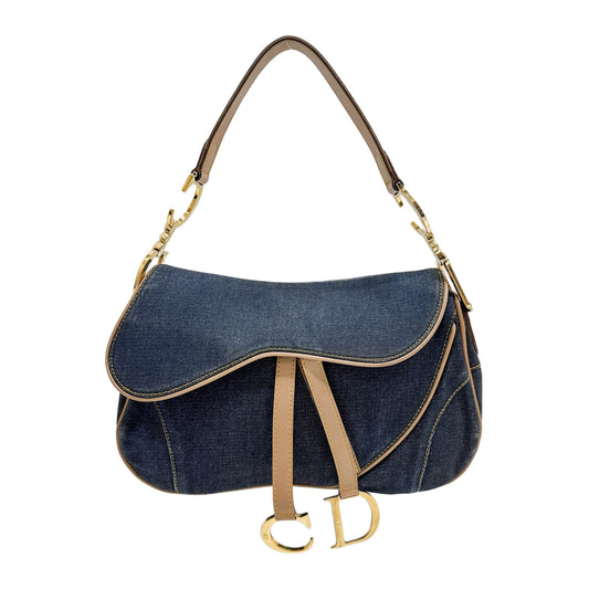 Double Saddle Beige Leather Trim Blue Denim Shoulder Bag