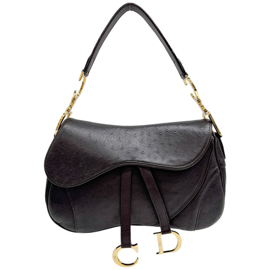 Double Saddle Brown Ostrich Leather Shoulder Bag
