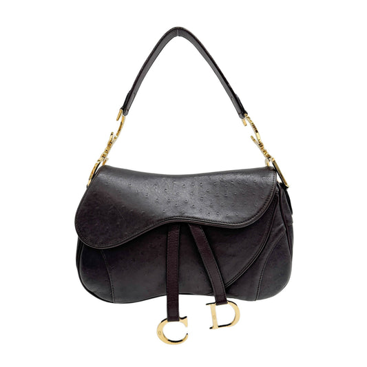 Double Saddle Brown Ostrich Leather Shoulder Bag