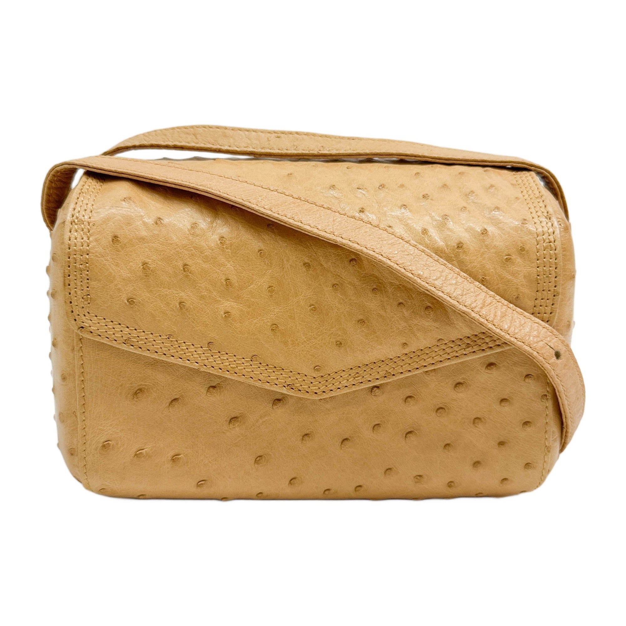 Tan Ostrich Embossed Leather Crossbody Bag