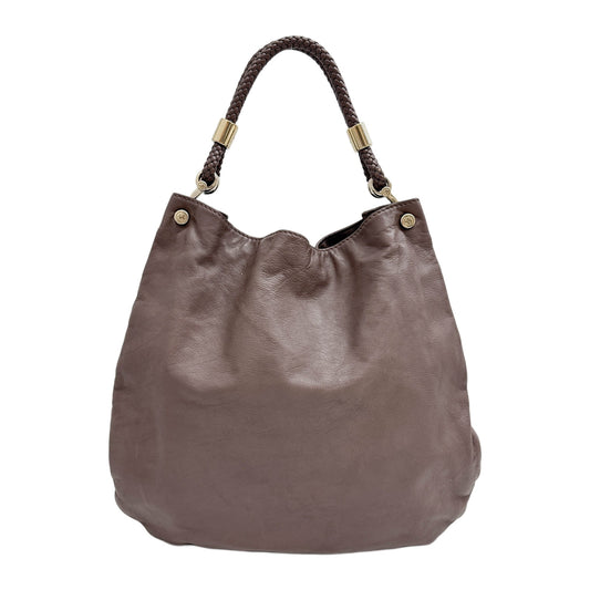 Open Top Braided Handle Brown Leather Shoulder Bag