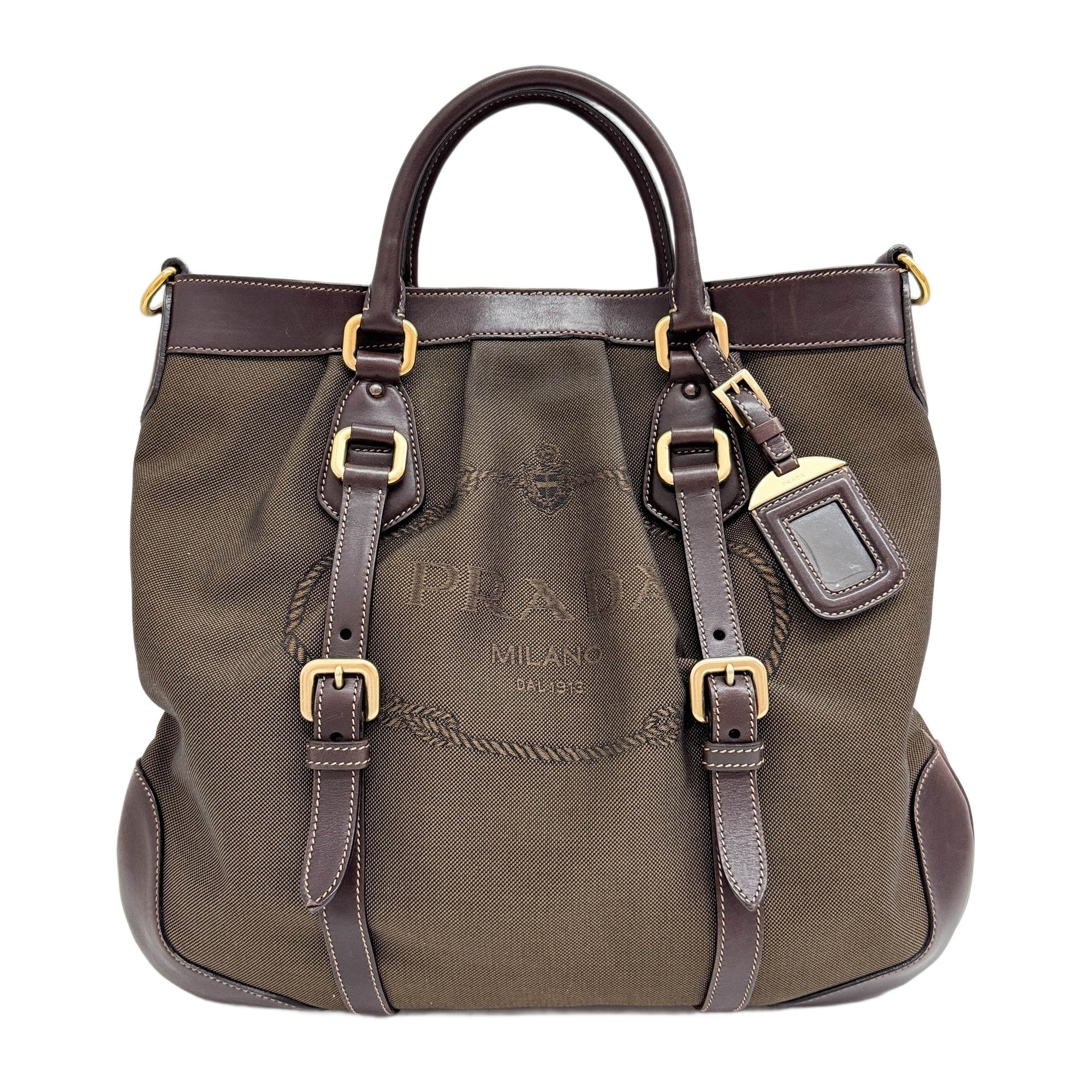 Leather Trim Brown Jacquard Canvas Two Way Bag
