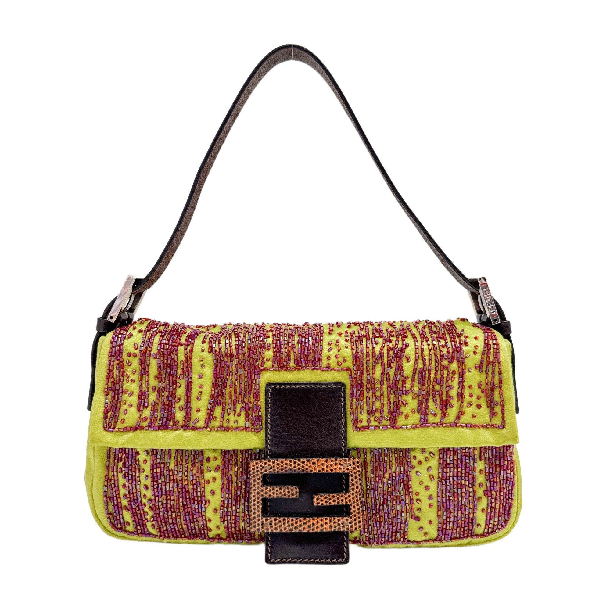 Baguette Beaded Embroidery Green Satin Shoulder Bag
