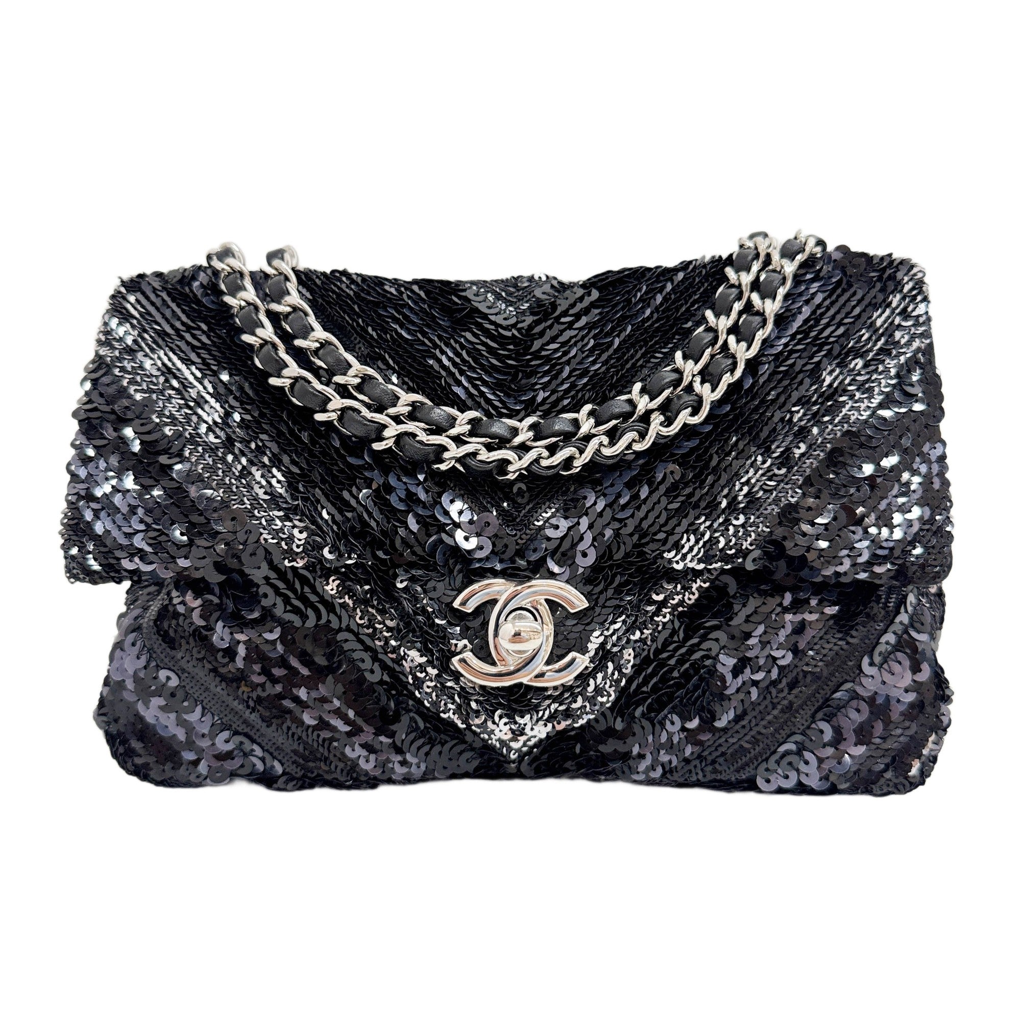 Mini Classic Flap 2016-2017 Chevron Black Sequin Shoulder Bag