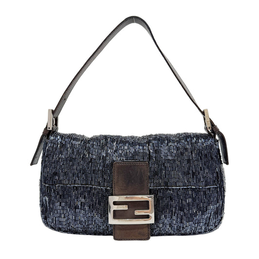Baguette Brown Leather Trim Midnight Blue Beaded Shoulder Bag