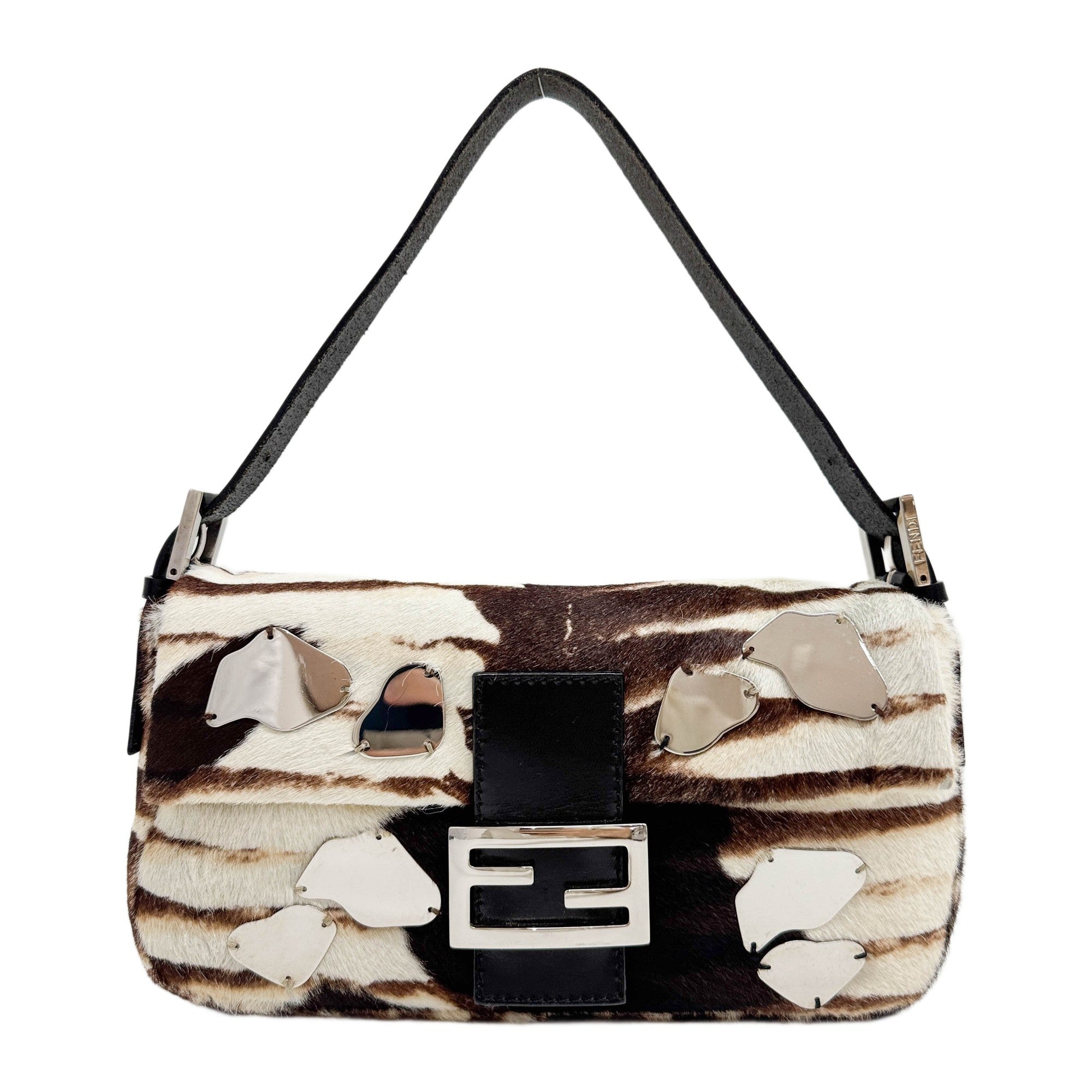 Baguette Mirror Fragments Leather Trim Brown Animal Print Shoulder Bag
