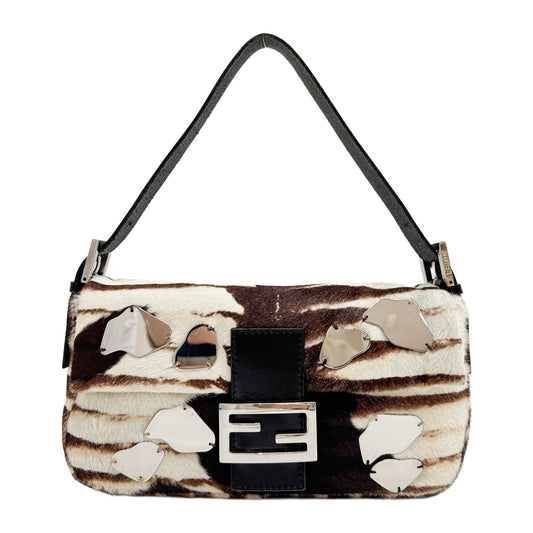 Baguette Mirror Fragments Leather Trim Brown Animal Print Shoulder Bag