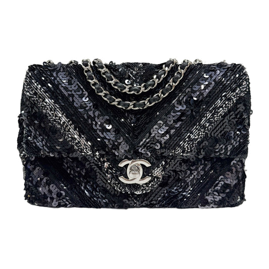 Rectangular Mini Classic Flap 2016-2017 Chevron Black Sequin Shoulder Bag