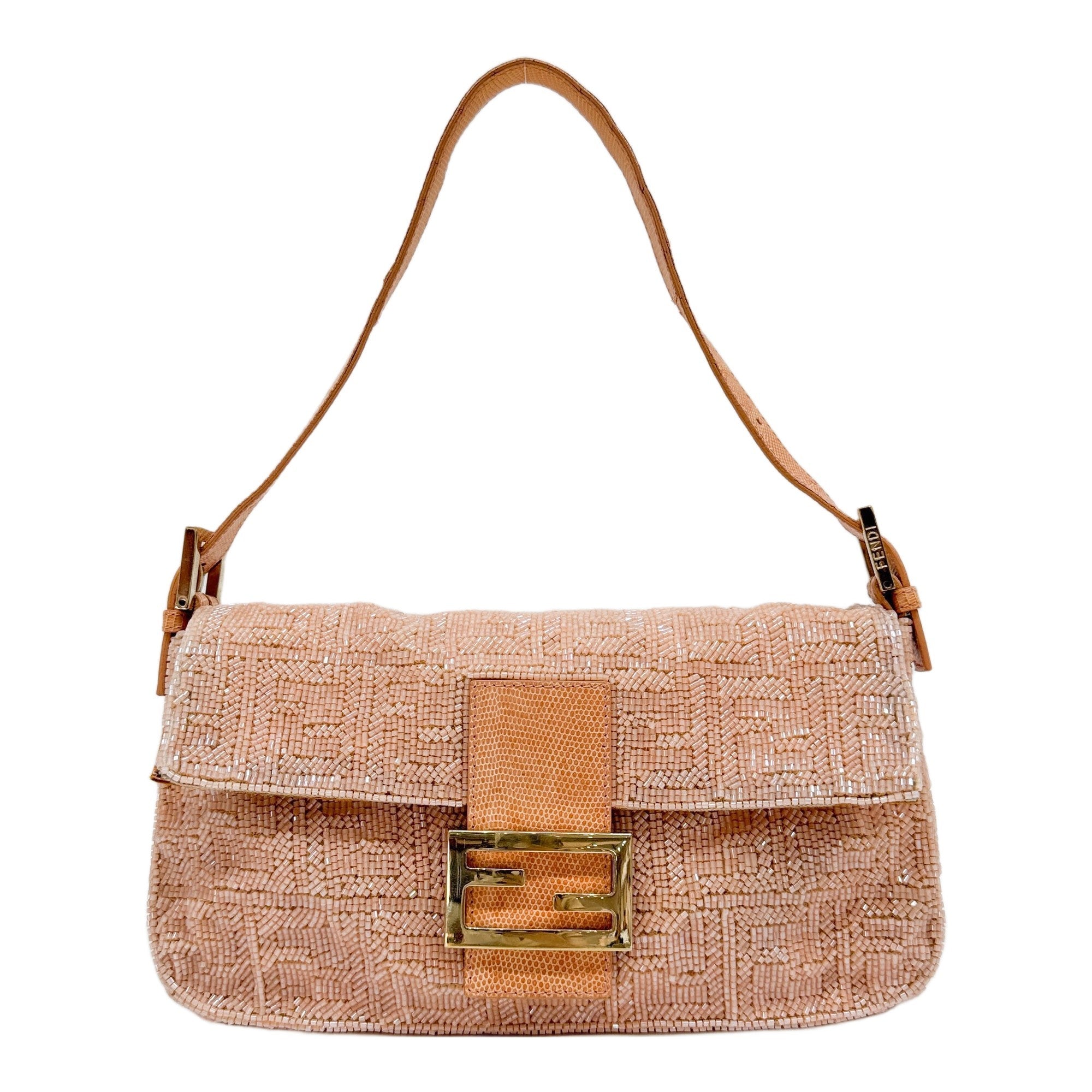 Baguette Baby Pink Beads with Python Embossed Leather Shoulder Bag