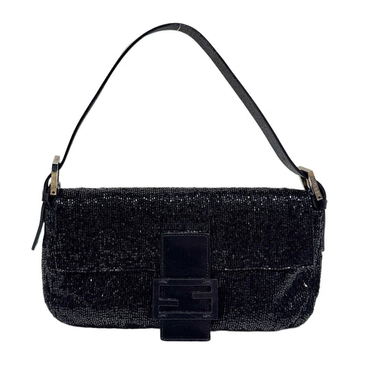 Baguette Leather Trim Black Beaded Shoulder Bag