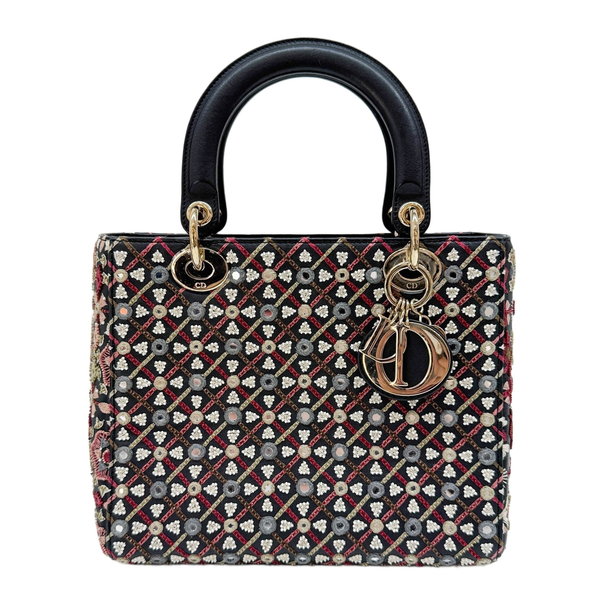 Lady Dior Mirror Embroidered Black Leather Two Way Bag