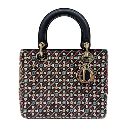 Lady Dior Mirror Embroidered Black Leather Two Way Bag