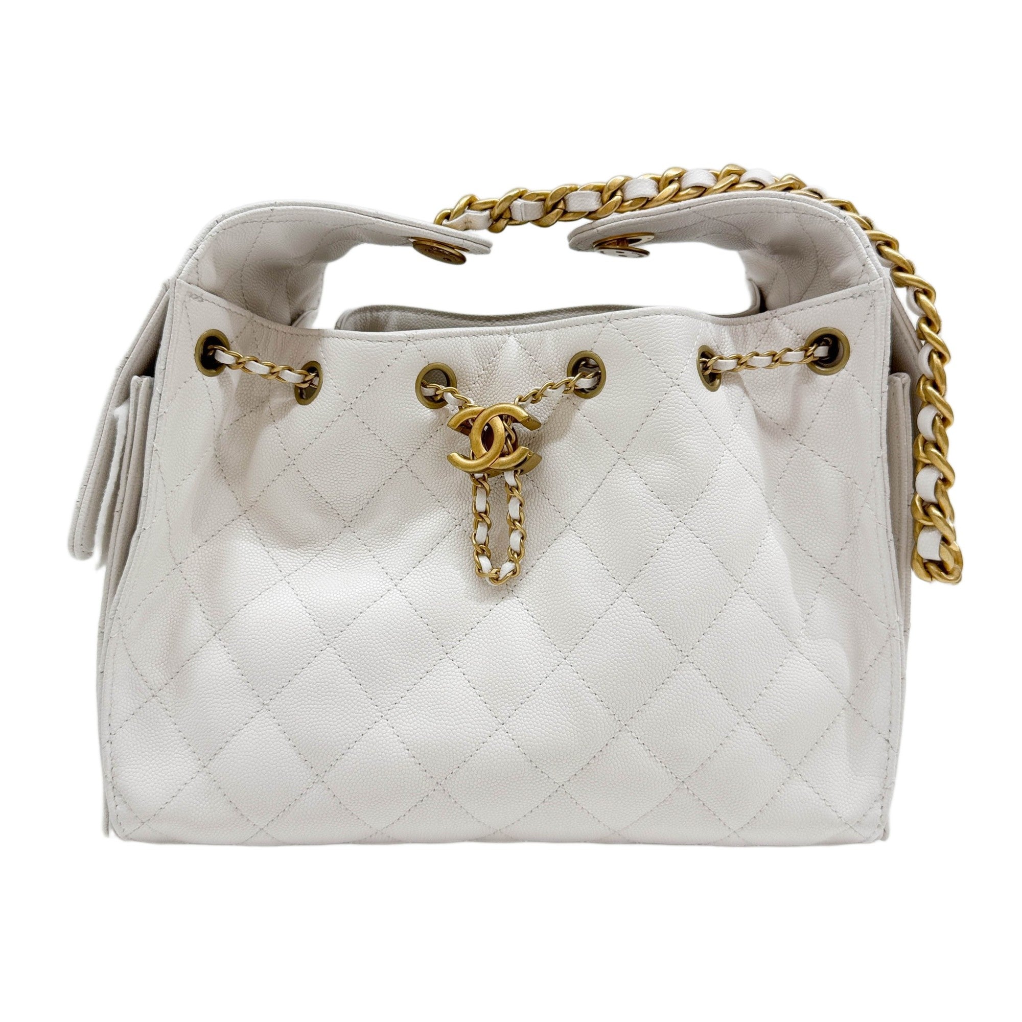 Small Chanel 25 2021-2026 Matelasse White Caviar Leather Shoulder Bag