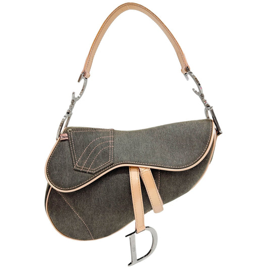 Saddle Beige Leather Trim Grey Denim Shoulder Bag