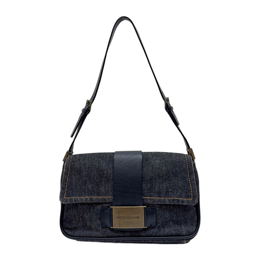 Black Leather Trim Navy Denim Flap Shoulder Bag