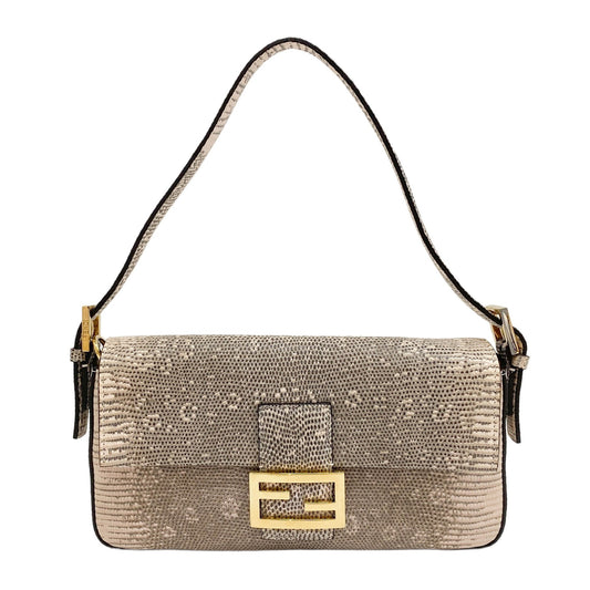Baguette Grey Lizzard Embossed Leather Shoulder Bag