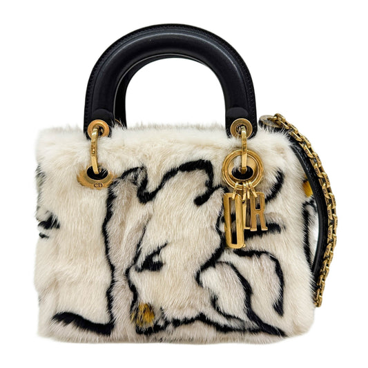 Mini Lady Dior Flower Painting White Fur Two Way Bag