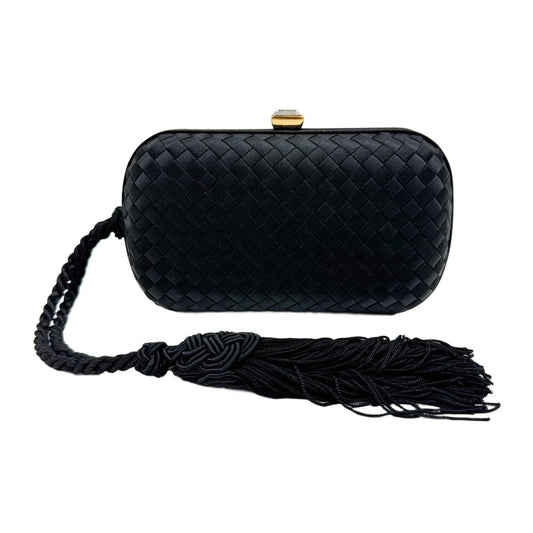 Intrecciato Fringe Black Satin Clutch Bag
