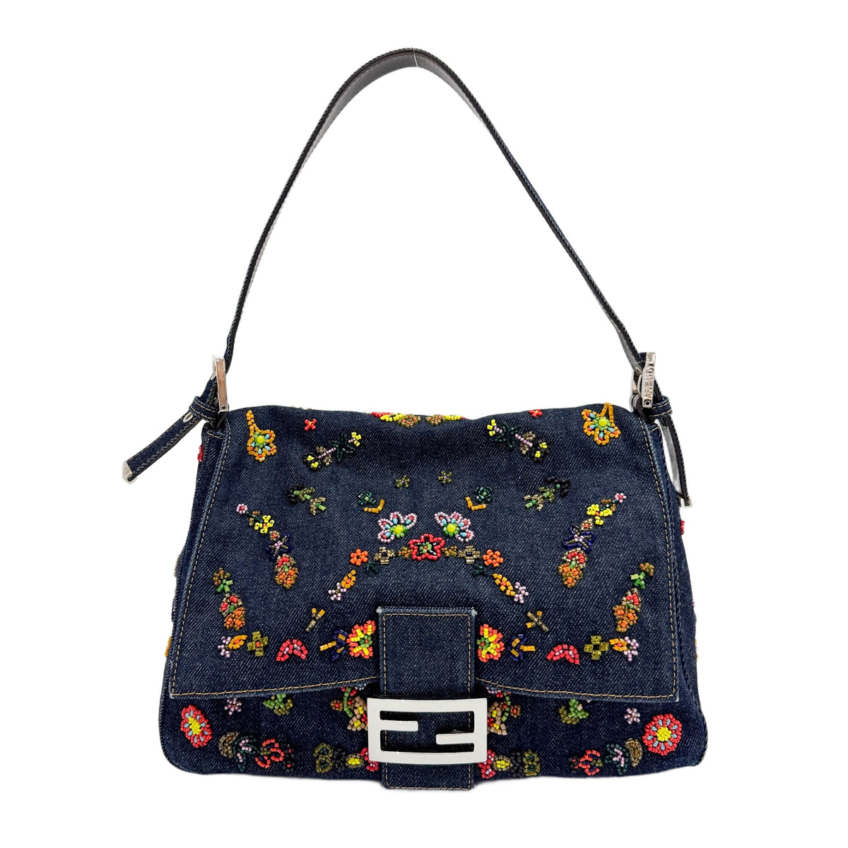 Mamma Baguette Flower Beaded Navy Denim Shoulder Bag