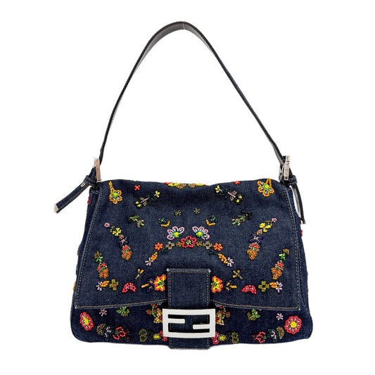 Mamma Baguette Flower Beaded Navy Denim Shoulder Bag