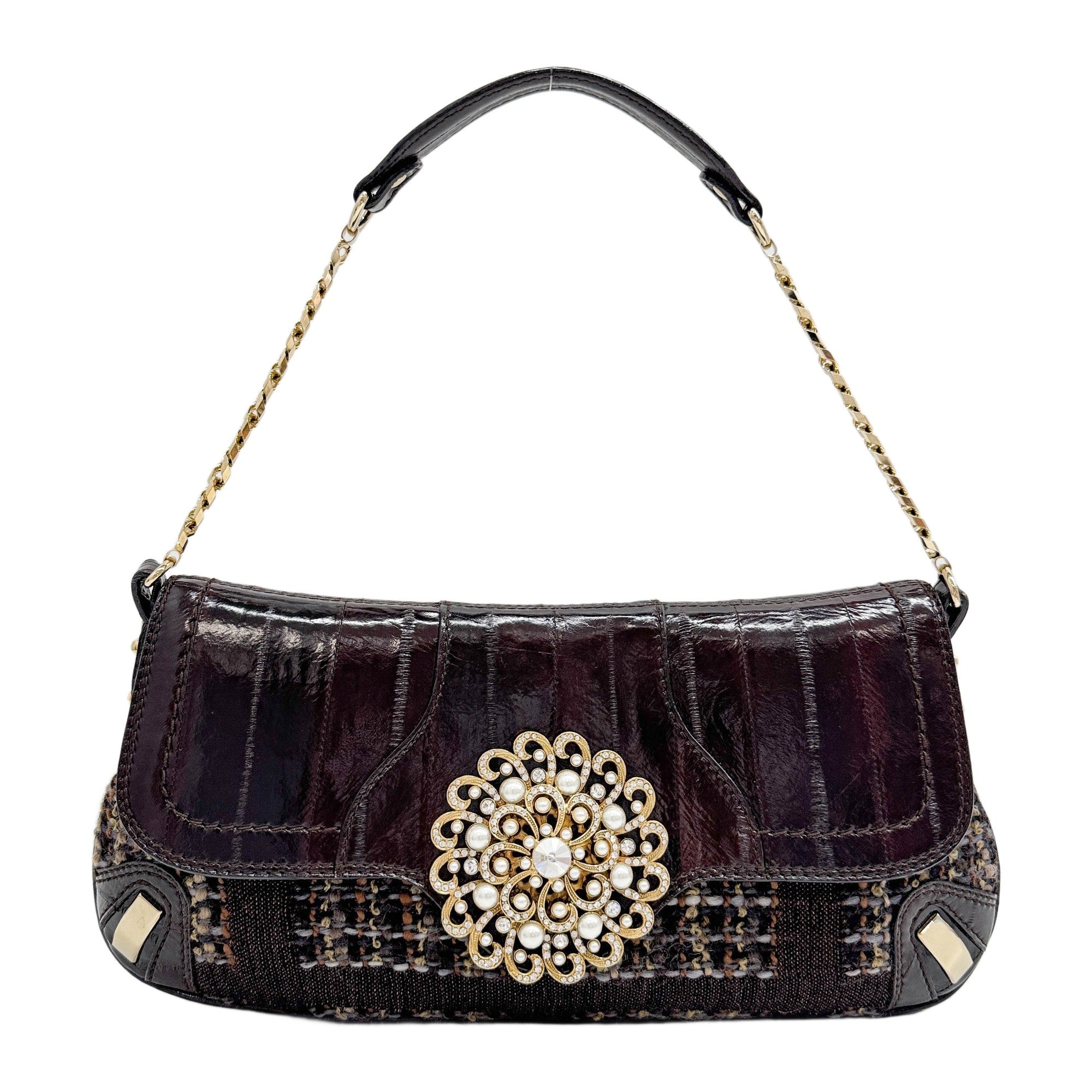 Eel Leather Flap Brown Tweed Shoulder Bag