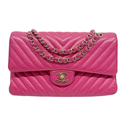 Medium Classic Double Flap 2017-2018 Chevron Pink Leather Shoulder Bag