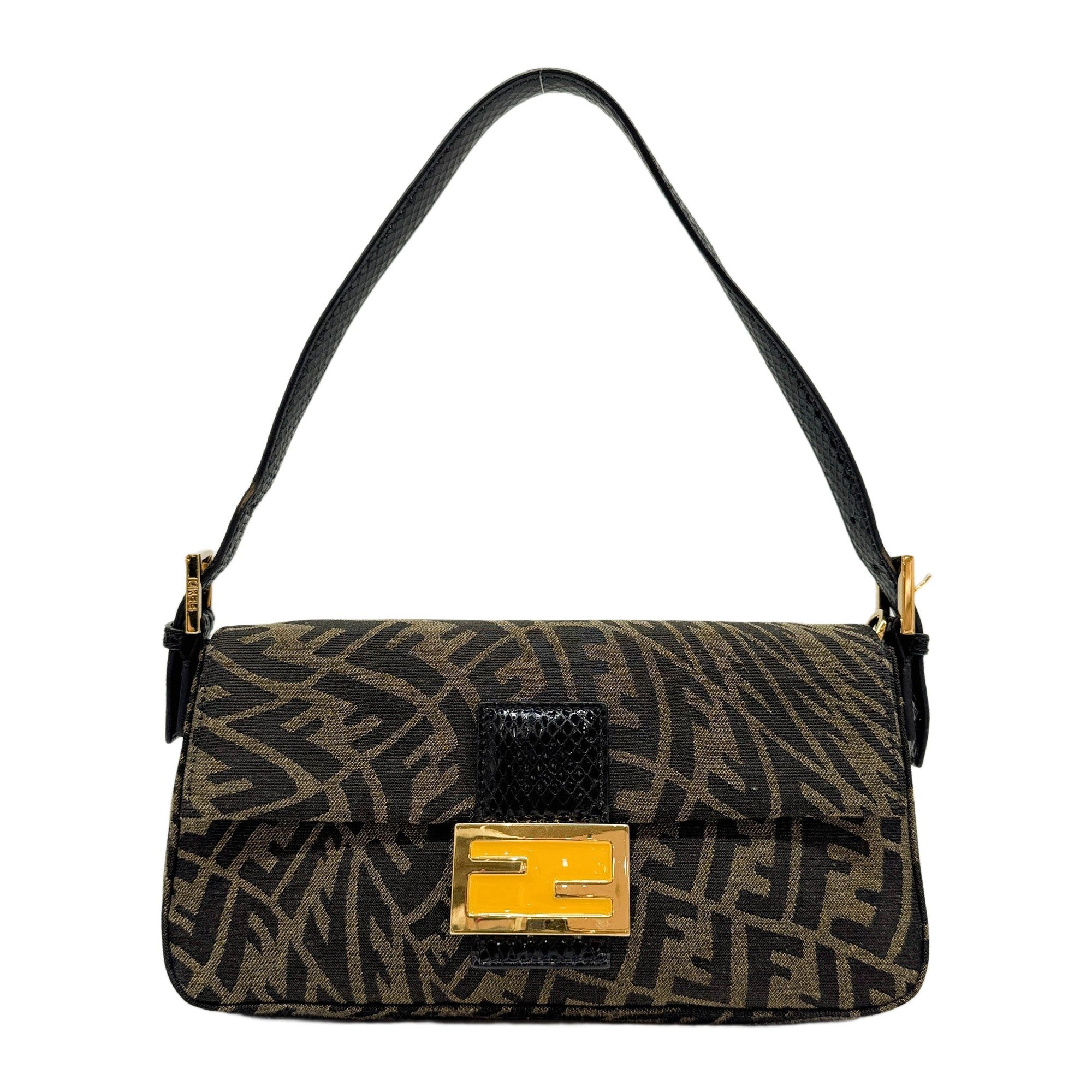 Fendi x Sarah Coleman Black Python Trim Brown Vertigo FF Jacquard Canvas Shoulder Bag