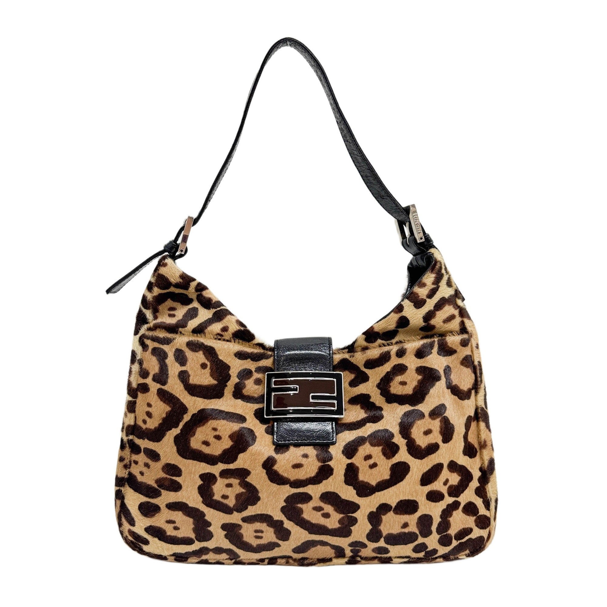 Black Leather Trim Brown Leopard Print Pony Hair Shoulder Bag
