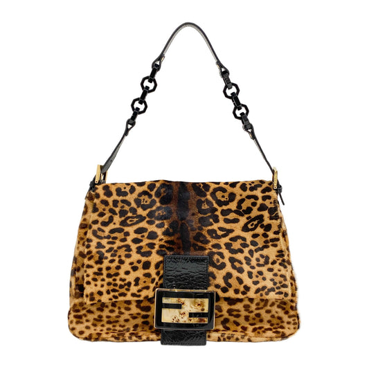 Big Mamma Baguette Brown Jaguar Print Pony Hair Shoulder Bag