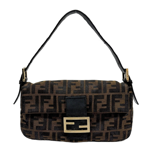 Baguette Lizard Trim Glazed Brown Zucca Canvas Shoulder Bag