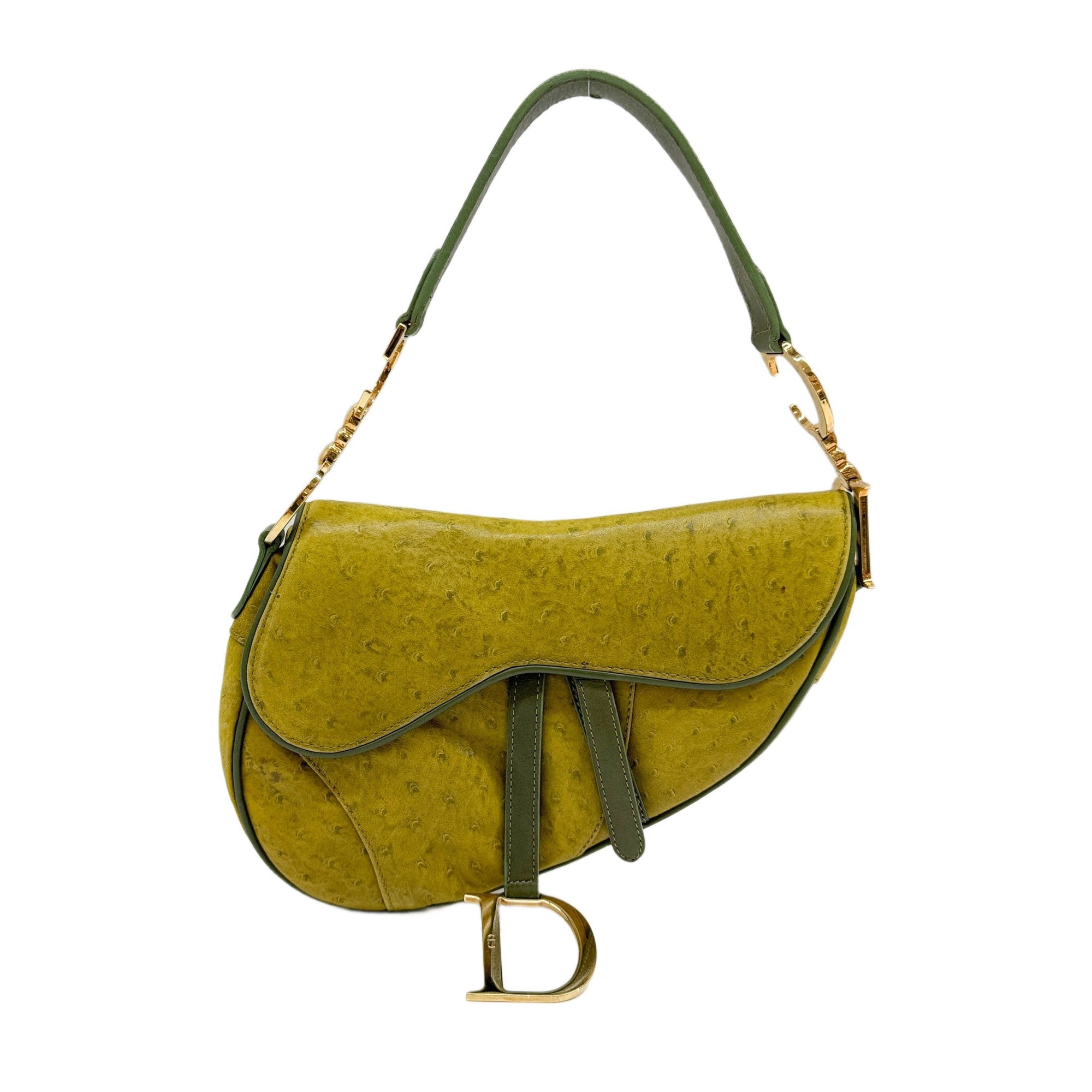 Saddle Green Ostrich Embossed Leather Shoulder Bag