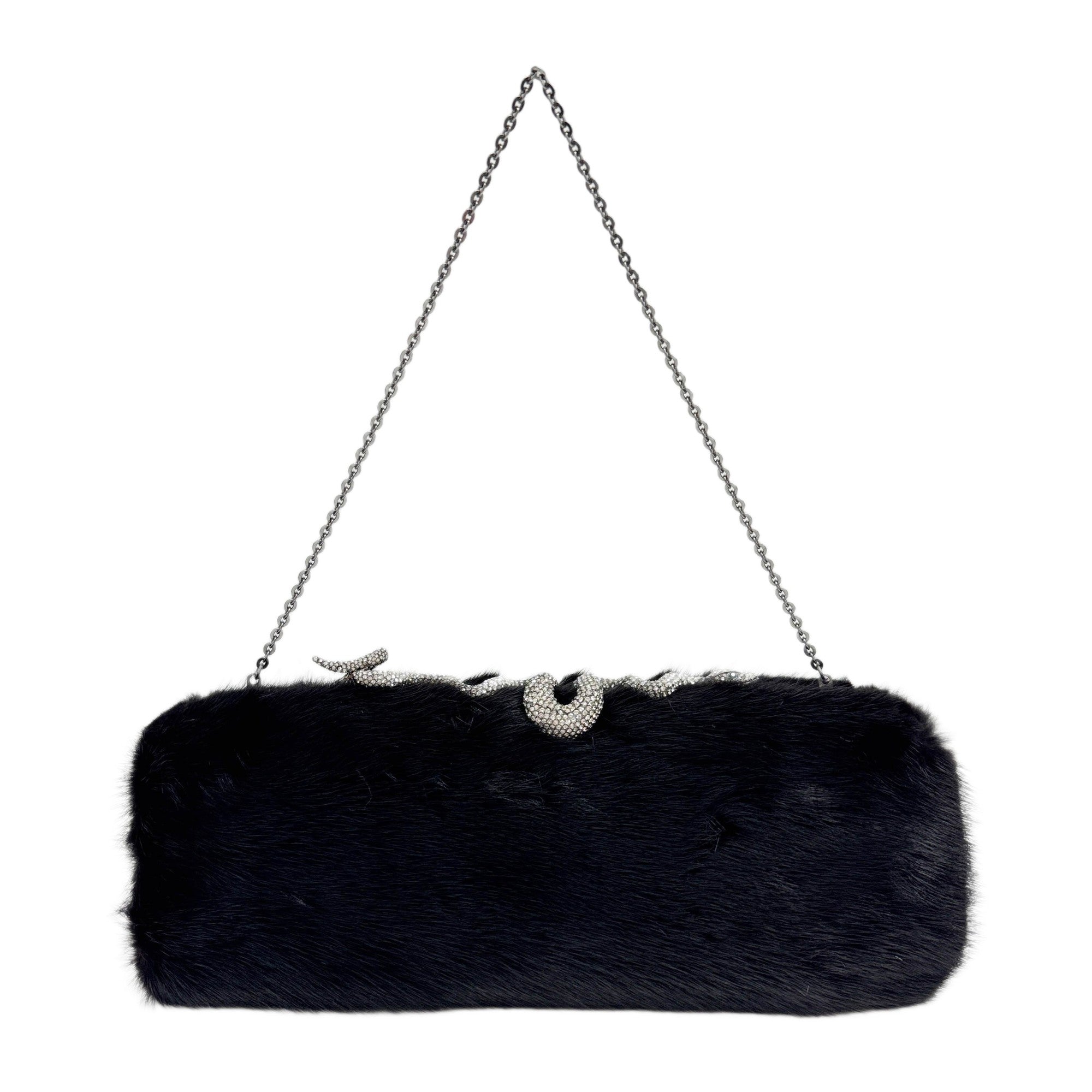 Bejeweled Snake Clasp Black Fur Two Way Bag