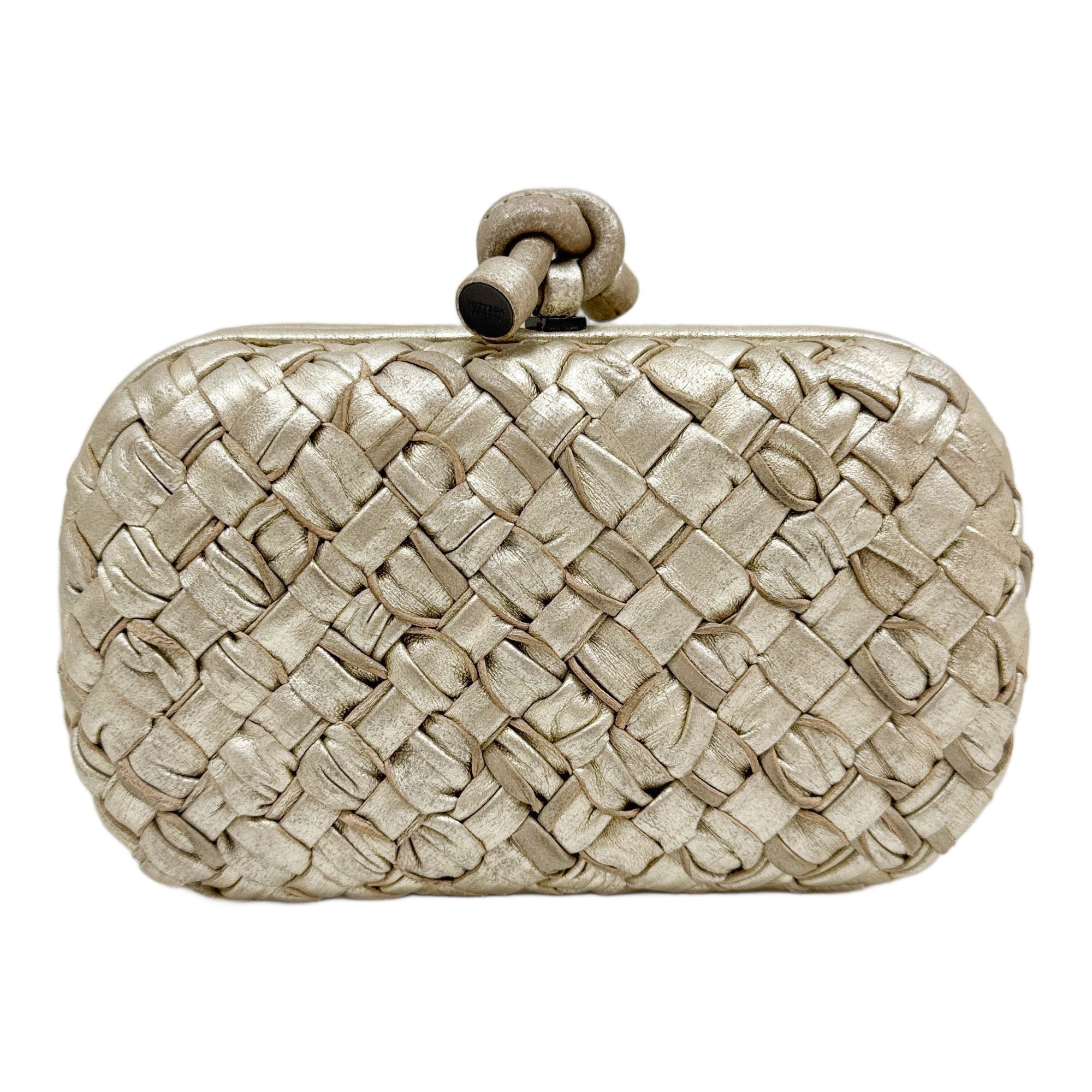 Knot Intrecciato Metallic Champagne Leather Clutch Bag