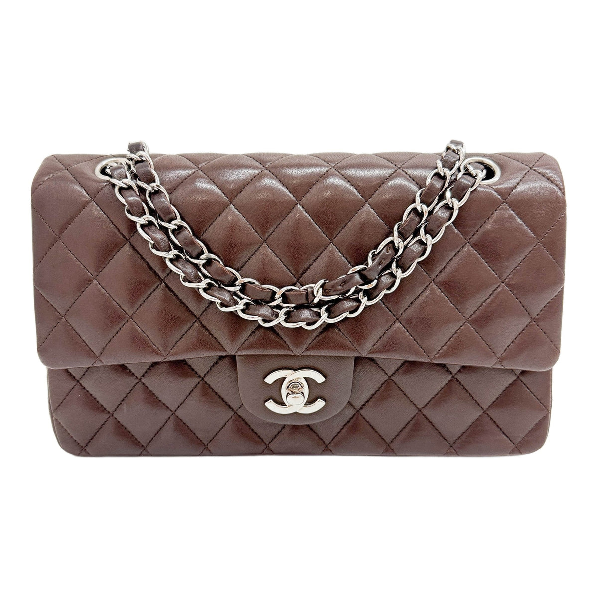Medium Classic Double Flap 2005-2006 Silver Hardware Matelasse Brown Leather Shoulder Bag