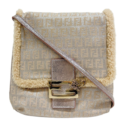 Shearling-Lined Flap Squirrel Charm Beige Zucchino Canvas Messenger Bag