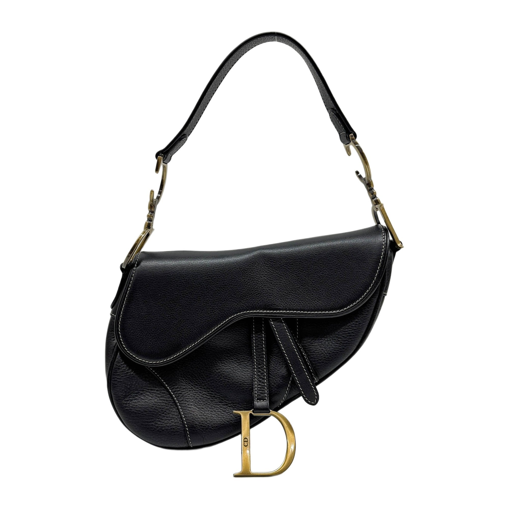 Saddle Gold Hardware Black Leather Shoulder Bag