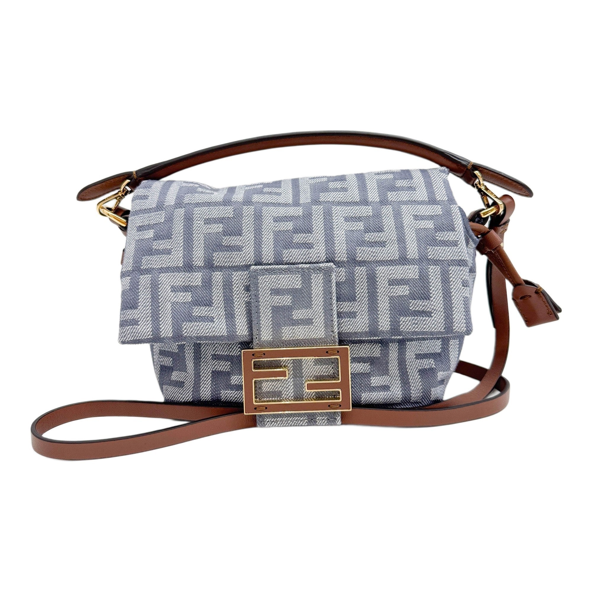 Small Mamma Baguette Brown Leather Trim Grey Zucca Canvas Two Way Bag