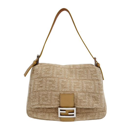 Mamma Baguette Beige Leather Trim Sandy Brown Zucca Wool Shoulder Bag