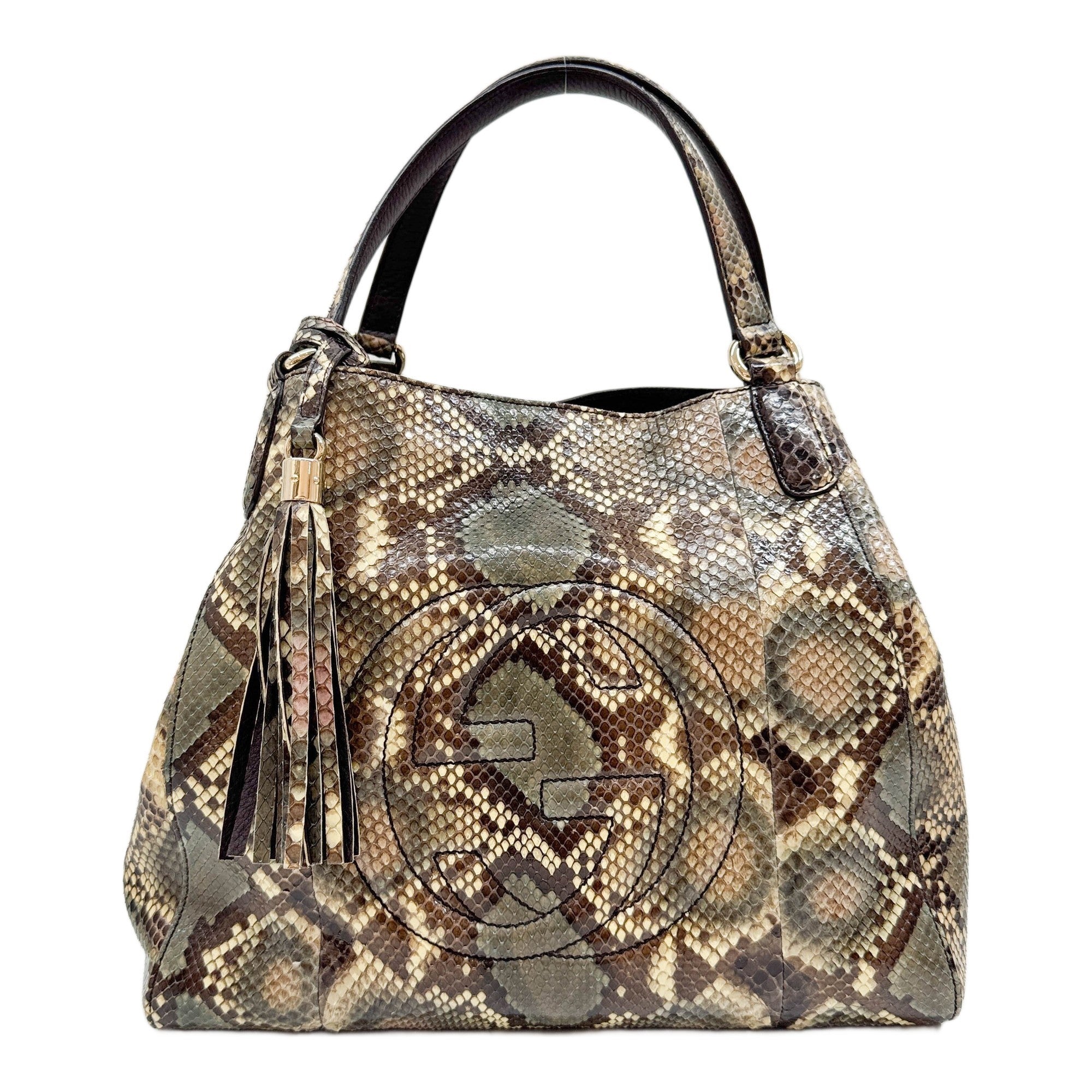 Soho Brown Python Embossed Leather Shoulder Tote Bag