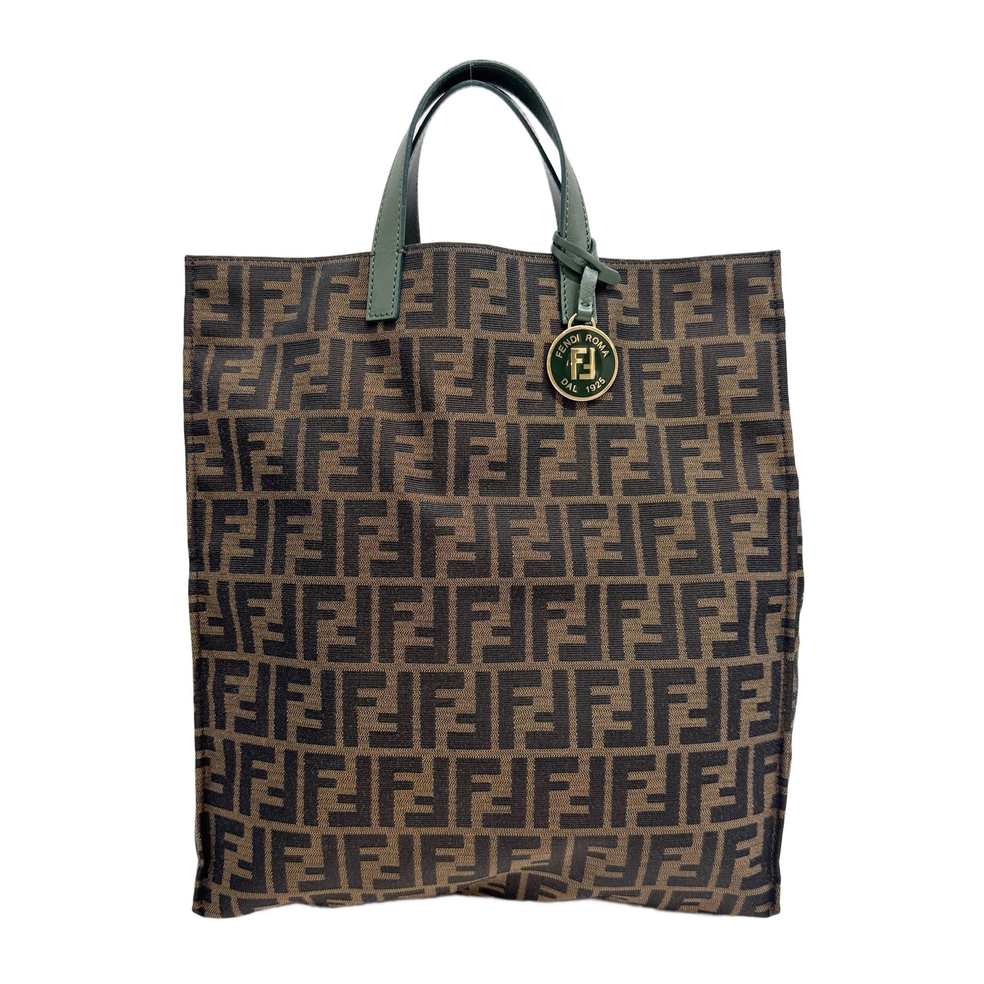 Green Handle Brown Zucca Canvas Vertical Shopping Tote