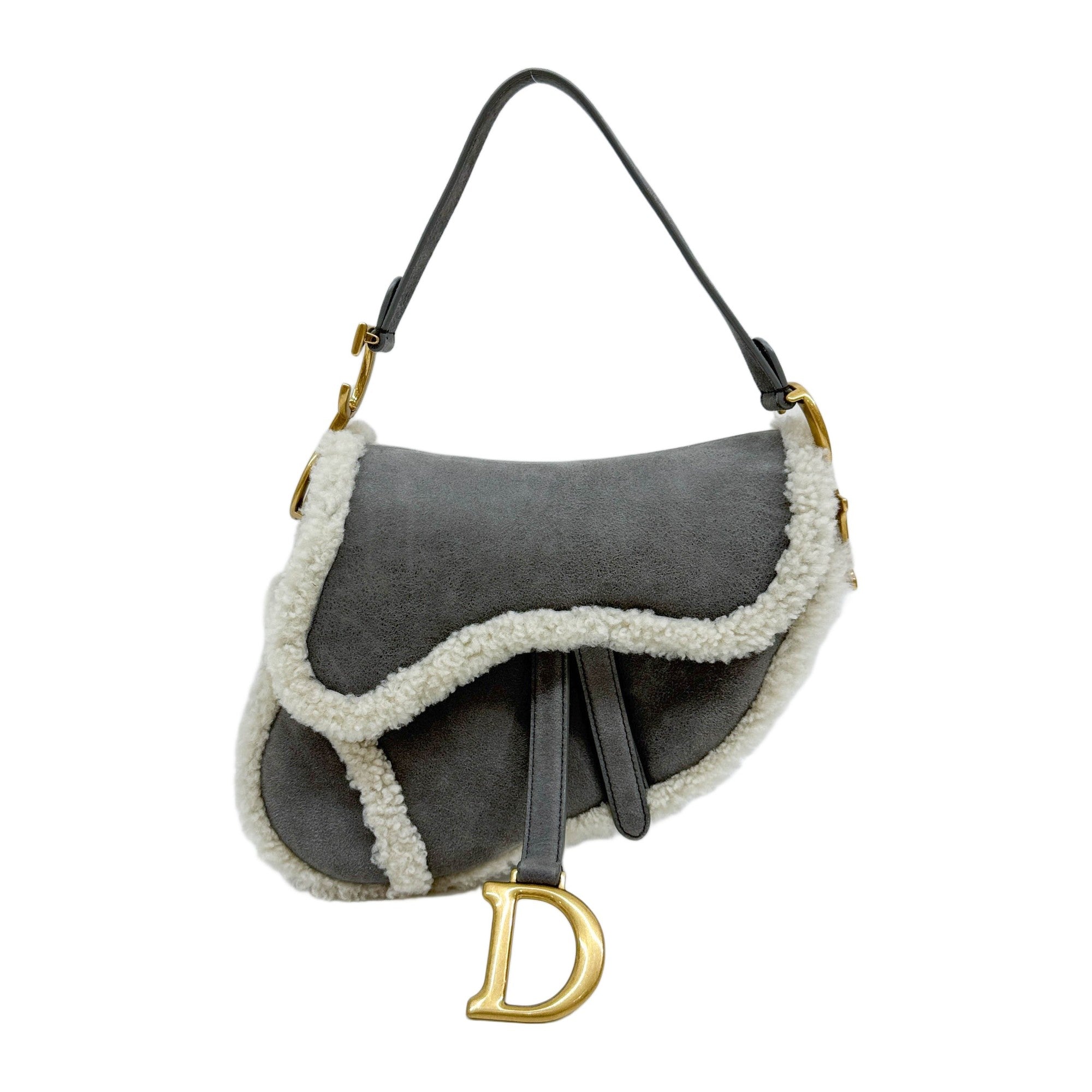 Saddle Sherpa Trim Gray Suede Shoulder Bag