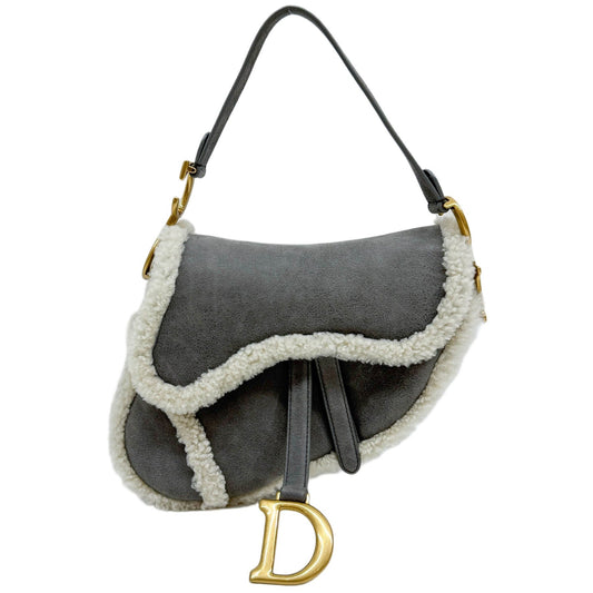 Saddle Sherpa Trim Gray Suede Shoulder Bag