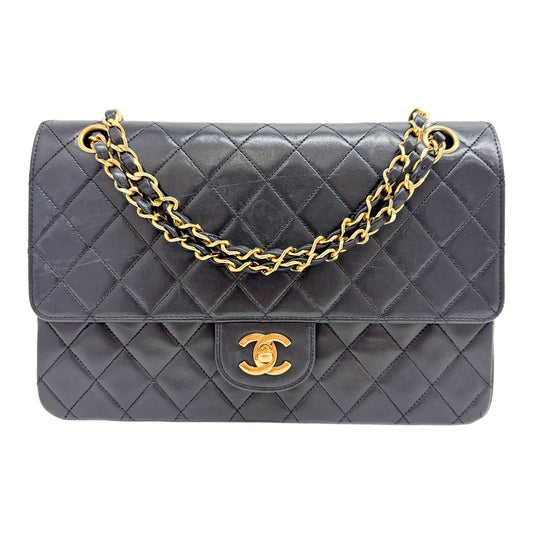 Medium Classic Double Flap 1986-1988 Matelasse Black Leather Shoulder Bag
