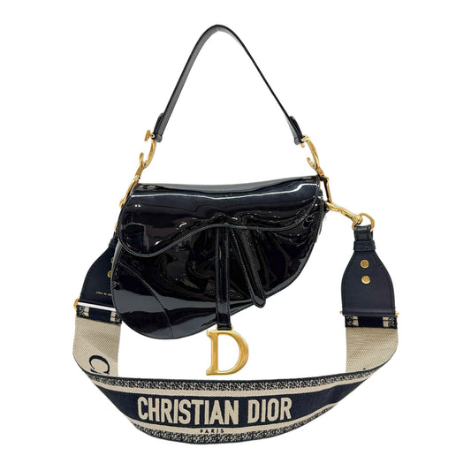 Saddle Gold Hardware Black Patent Leather Two Way Bag