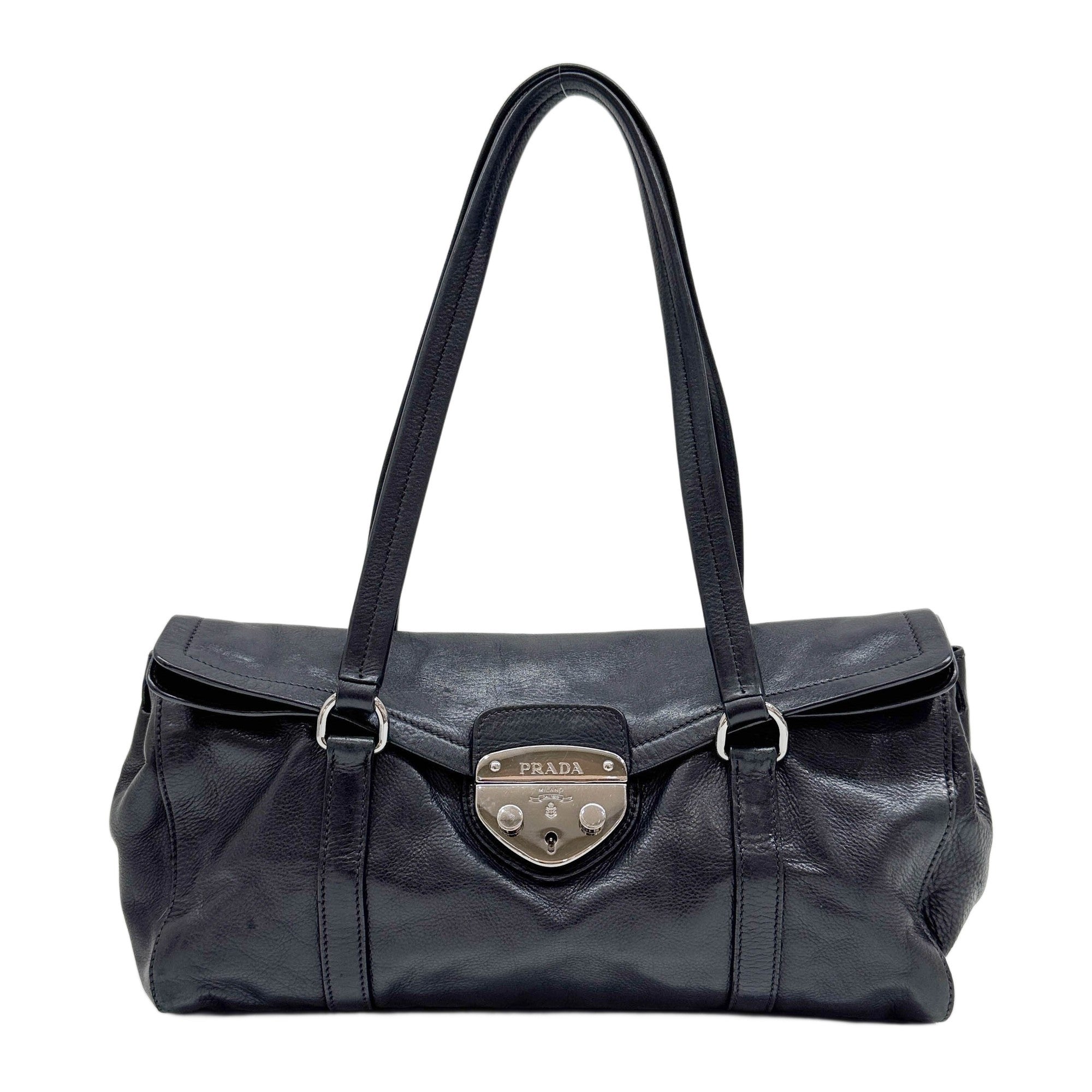 Easy Flap Sound Lock Black Leather Shoulder Bag
